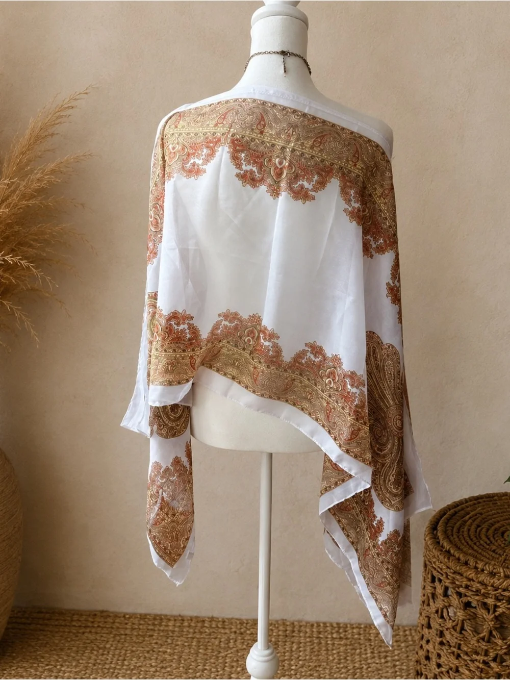 Off Shoulder Boho Poncho w/ Pearls White & Gold Festival Flowy Fairy One Size